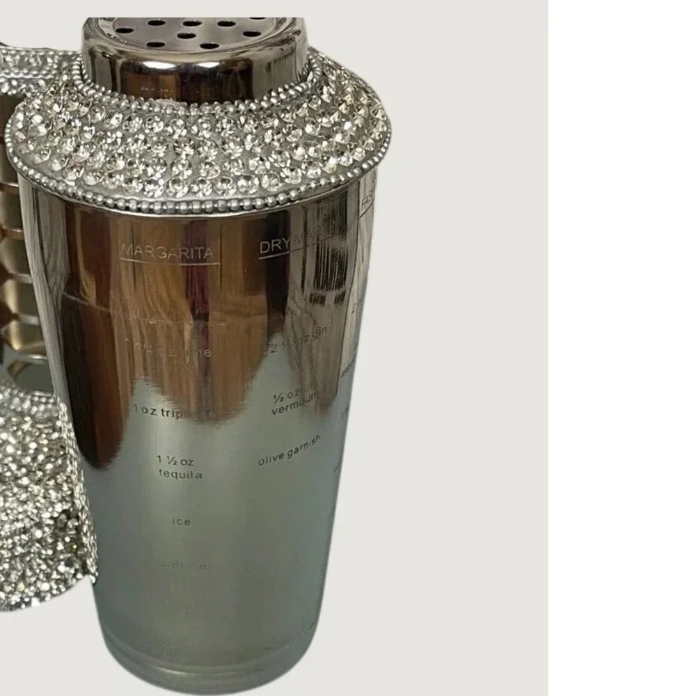 Global Export Nickel Metal Bling Cocktail Shaker Etched Built-In Recipes 3pc Set